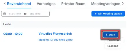 Ansicht Starten eines erstellten Meetings