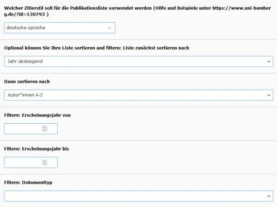 Screenshot: Auswahl des Zitationsstils sowie Sortier- und Filterm?glichkeiten im Typo3-Plugin fr Publikationslisten