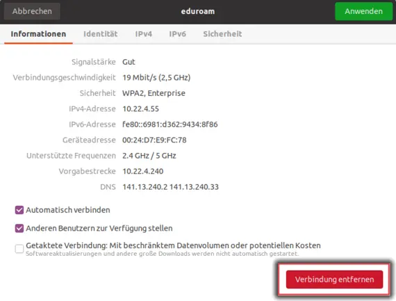 WLAN-Einstellungen fr eduroam unter Linux Ubuntu 20.04. mit markierter Schaltfl?che "Verbidung entfernen"