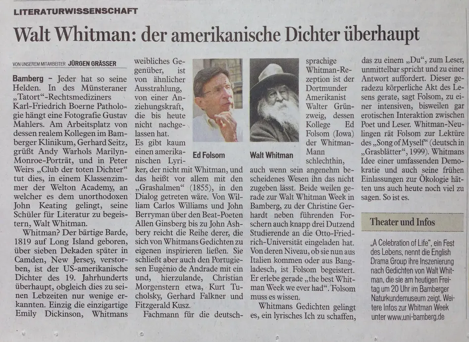 Photo of article in the local newspaper "Fr?nkischer Tag" about Walt Whitman.