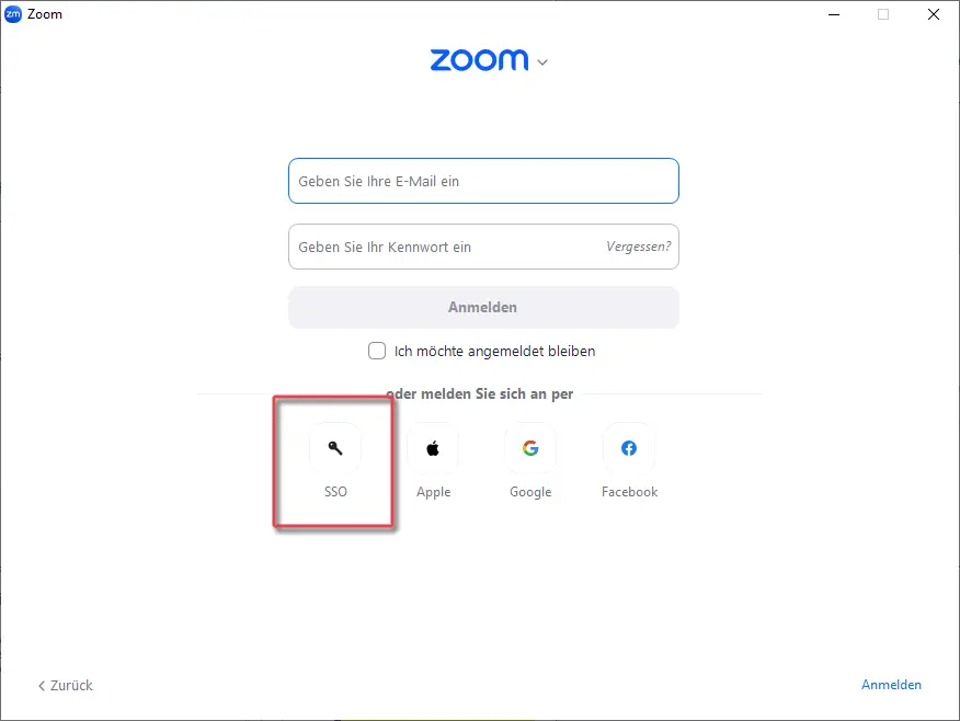 Zoom-Client mit markierter Schaltfl?che zur Anmeldung mit SSO an Zoom