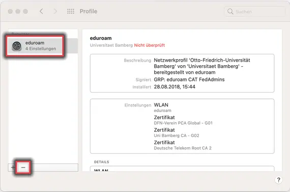 Dialogfenster Profile unter macOS mit dem markierten Profil "eduroam" mit markierter Schaltfl?che zum L?schen