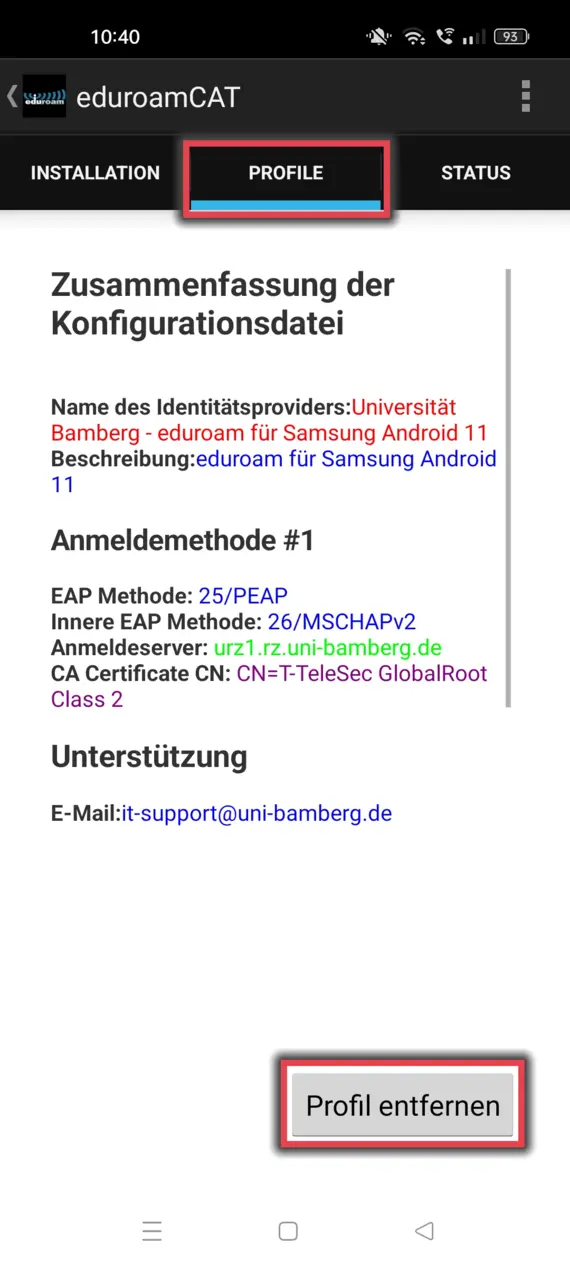 App eduroamCAT mit markiertem Register "Profile" unter Android und hervorgehobener Schaltfl?che "Profil entfernen"