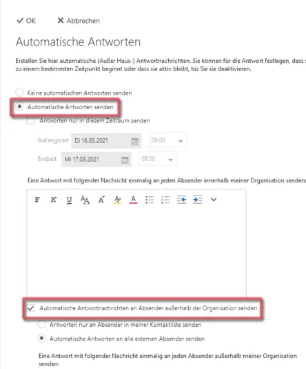 Ansicht Automatische Antwort erstellen (OWA)