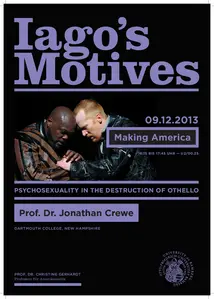 Poster for the guest lecture by Prof. Dr. Jonathan Crewe. In addition to the information about the event, it shows a photograph from a production of Othello.