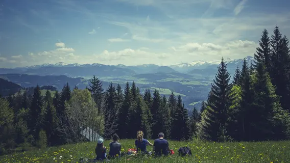 Familie blickt in ein grnes Tal