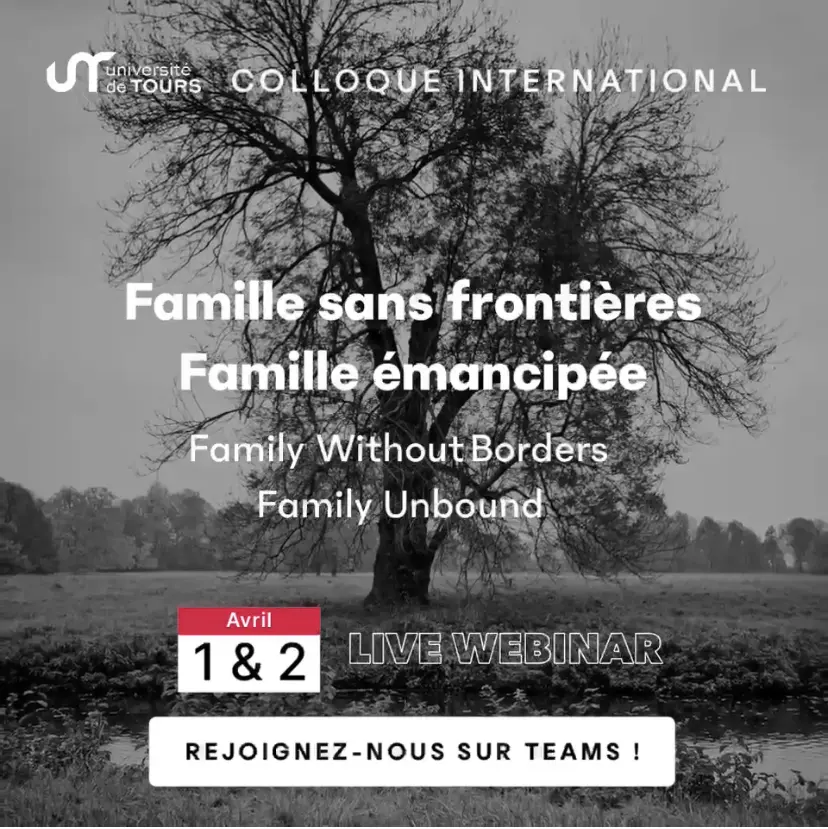 Poster fr die Konferenz "Famille Sans Frontires / Famille ?mancipe - Family Without Borders / Family Unbound", 1. und 2. April; Hintergrund: Single big tree in the meadow, small river flowing in front of tree