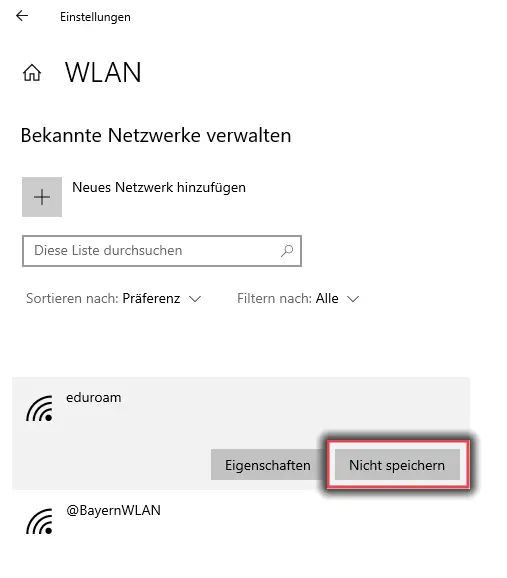 Einstellungen fr WLAN unter Windows 10 mit dem Netzwerk "eduroam" und markierter Schaltfl?che "Nicht speichern"