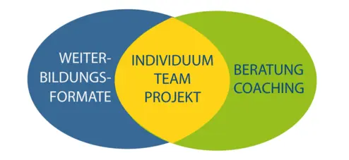 Drei Kreise mit den Dienstleistungen: Weiterbildungsformate und Beratung