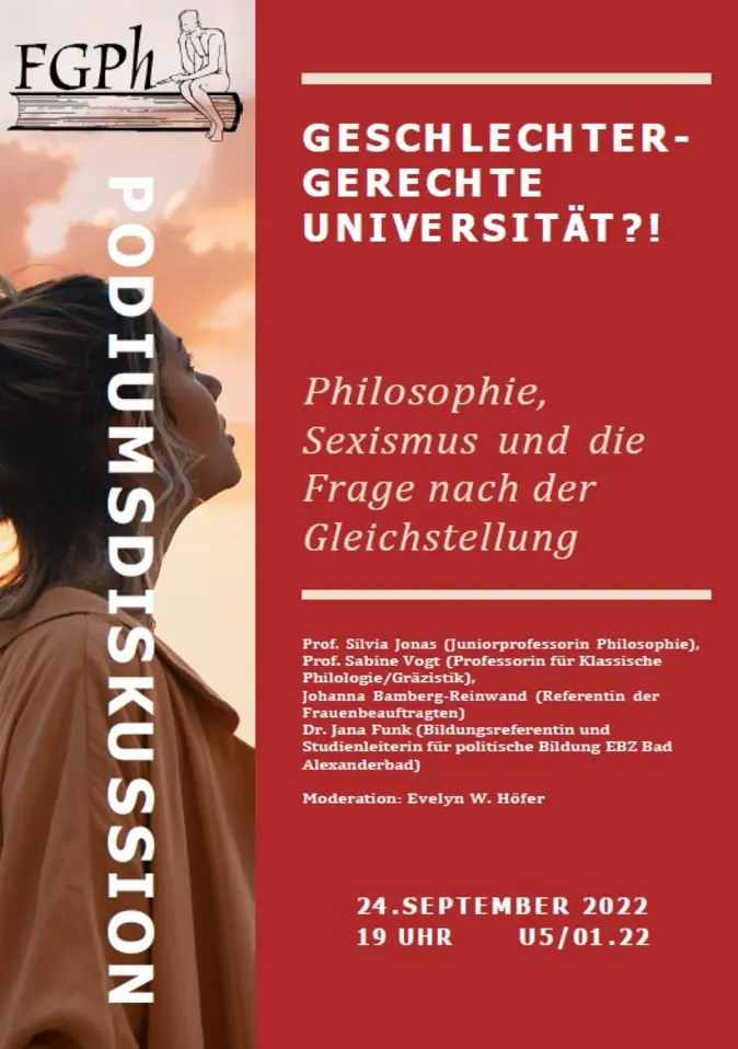 Plakat der Podiumsdiskussion "Geschlechter-gerechte Universit?t" am 24. September 2022 im Raum U5/01.22