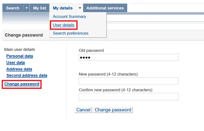 form to change password of library account