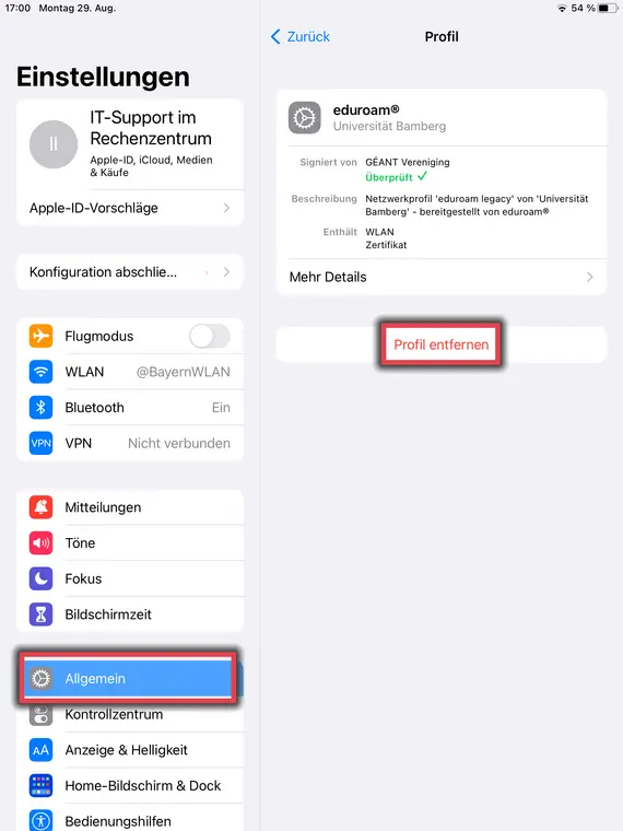 Dialog Profil in den Einstellungen von iPadOS mit dem Profil "eduroam" und markierter Schaltfl?che